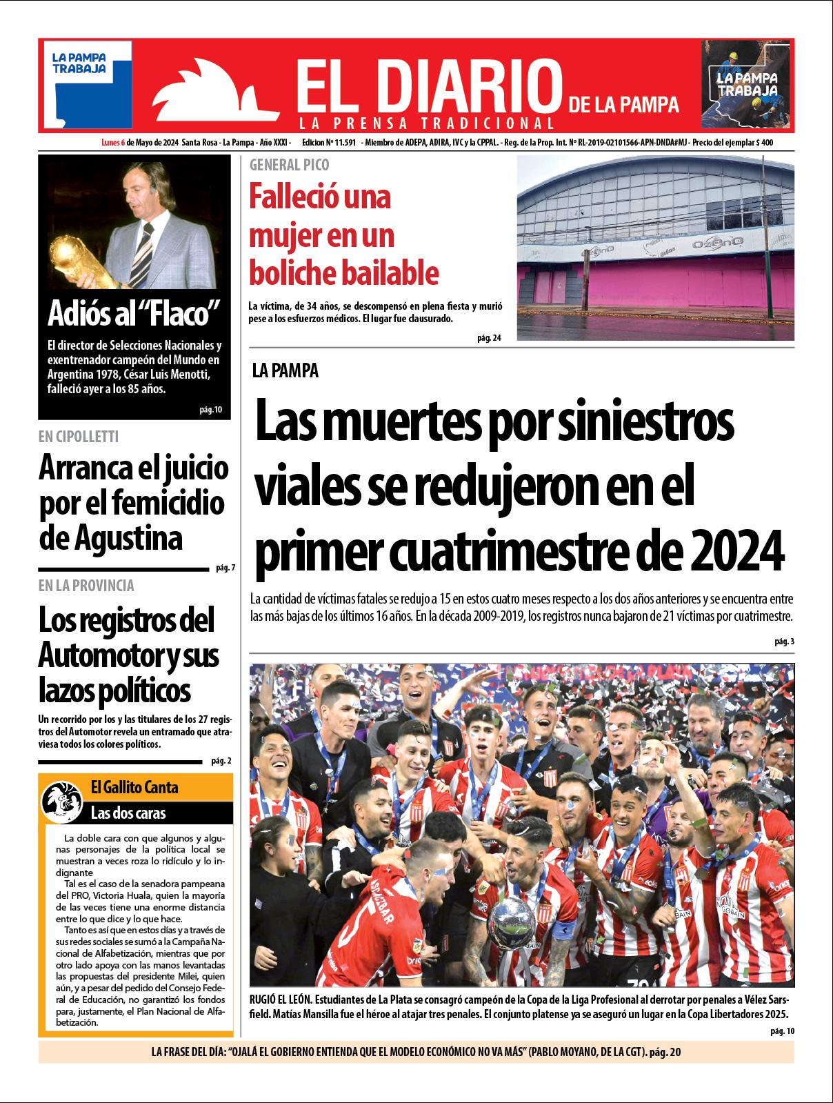 Tapa de El Diario en papel  lunes 06 de mayo de 2024